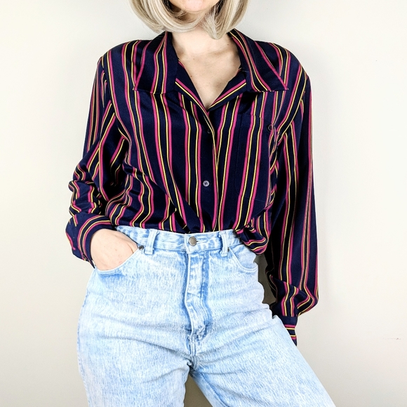 Vintage Tops - VTG 80s Striped Navy Button Down Blouse